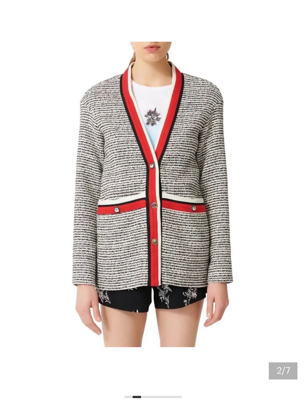 Maje Black-and-White Striped Cardigan with Red Trim